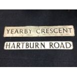 A rectangular cast metal embossed sign - Yearby Crescent, with rounded corners - 52in; and another