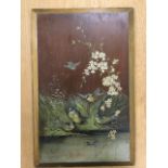 Victorian school, oil on board, waterside birds and flowers with dragonfly above water, unsigned &