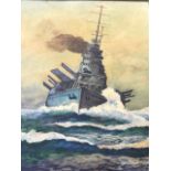 Frank Bell, oil on board, marine study of a warship in choppy seas, signed & dated, framed. (19.