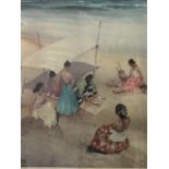 W Russell Flint, coloured print, ladies picnicking on beach, signed in pencil on margin, printmakers
