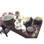 Miscellaneous ceramics and glass including salt glazed pots, a pair of Japanese vases, a Sylvac