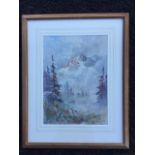 WCR Evans? watercolour of a snowy mountain emerging from clouds, with alpine forest in