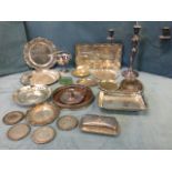 Miscellaneous silver plate including salvers, a candelabra, coasters, basket dishes with swing