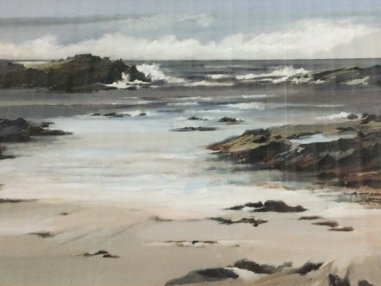 Walker, gouache, coastal view looking out to sea, label to verso Portnaven Bay Islay, signed in