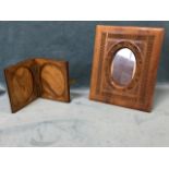 A Victorian polished olivewood twin-fold photo frame with oval apertures and brass mounts; and a