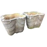 A pair of composition stone quatrefoil shaped garden pots of tapering swagged form. (15.75in x 10.