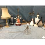 Eight miscellaneous tablelamps - spelter pheasant, cut glass, ceramic, deco chrome, capo-de-monte