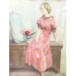Wester, portrait print of a young lady looking into mirror and leaning on coffer, signed in print,
