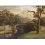 Nineteenth century English school, oil on canvas, balustraded stone bridge over river with trees,