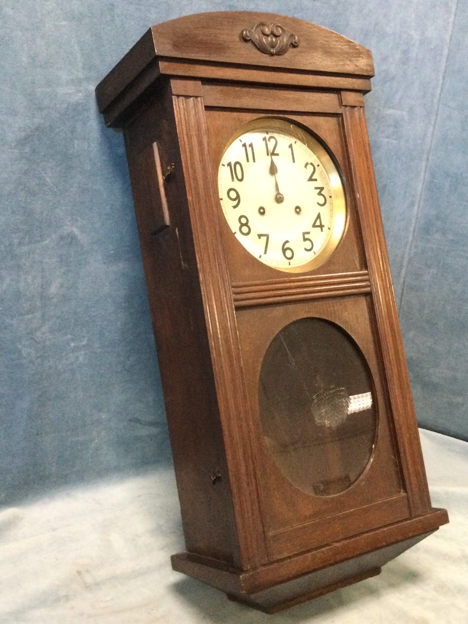 A 30s oak cased Vienna style wallclock with arched top above a moulded framed door, enclosing a - Image 3 of 3