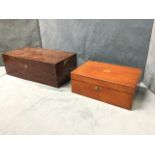 A Victorian mahogany writing box with velvet lined slope, pen tray, two glass inkwells and stamp