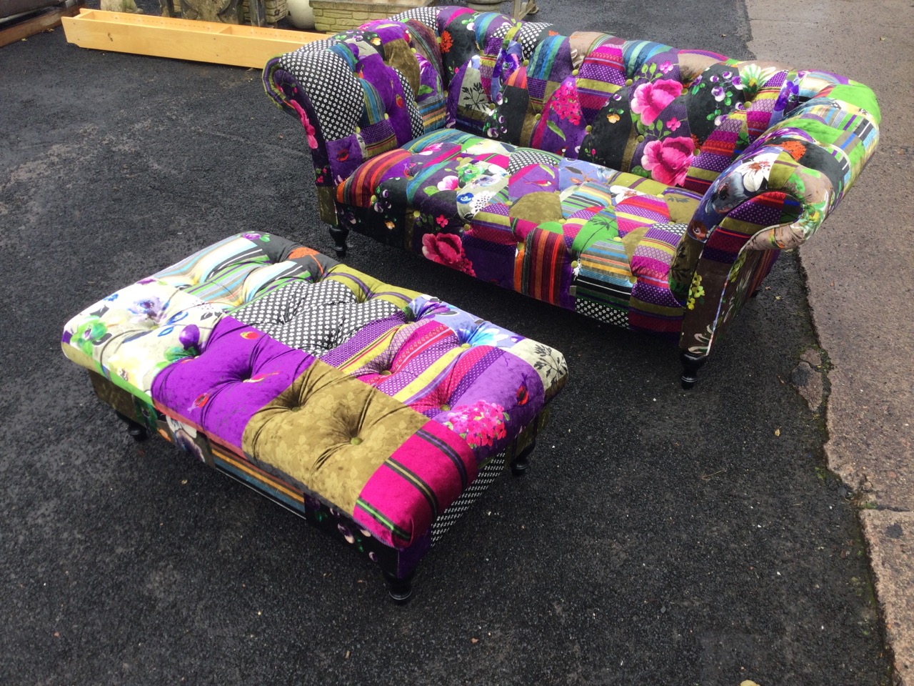 A wacky colourfully upholstered sofa and pouffe, with button upholstery to patchwork velour, - Image 3 of 3