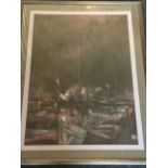 Mick Gilmore, pastel, industrial night-time scene with figures on walkway, signed, mounted & framed.