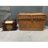 A tapering cane hamper with angled tray type lid; and a tortoiseshell bakelite cased Bush valve