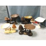 Five sets of kitchen scales with various sets of graduated weights - Harper, nineteenth century by