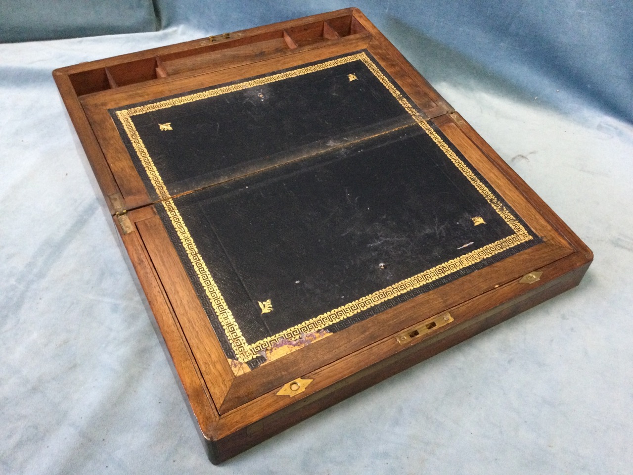 A nineteenth mahogany brass bound writing box, the slope with gilt tooled leather skiver, pen tray - Image 2 of 3