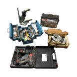 Miscellaneous tools including drill on mitre stand, a concertina toolbox with contents - spanners,