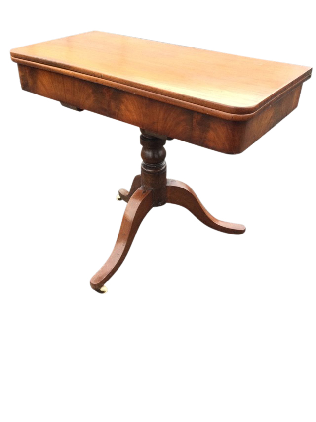 A Victorian mahogany turn-over-top tea table, the twin top supported on a turned column, with