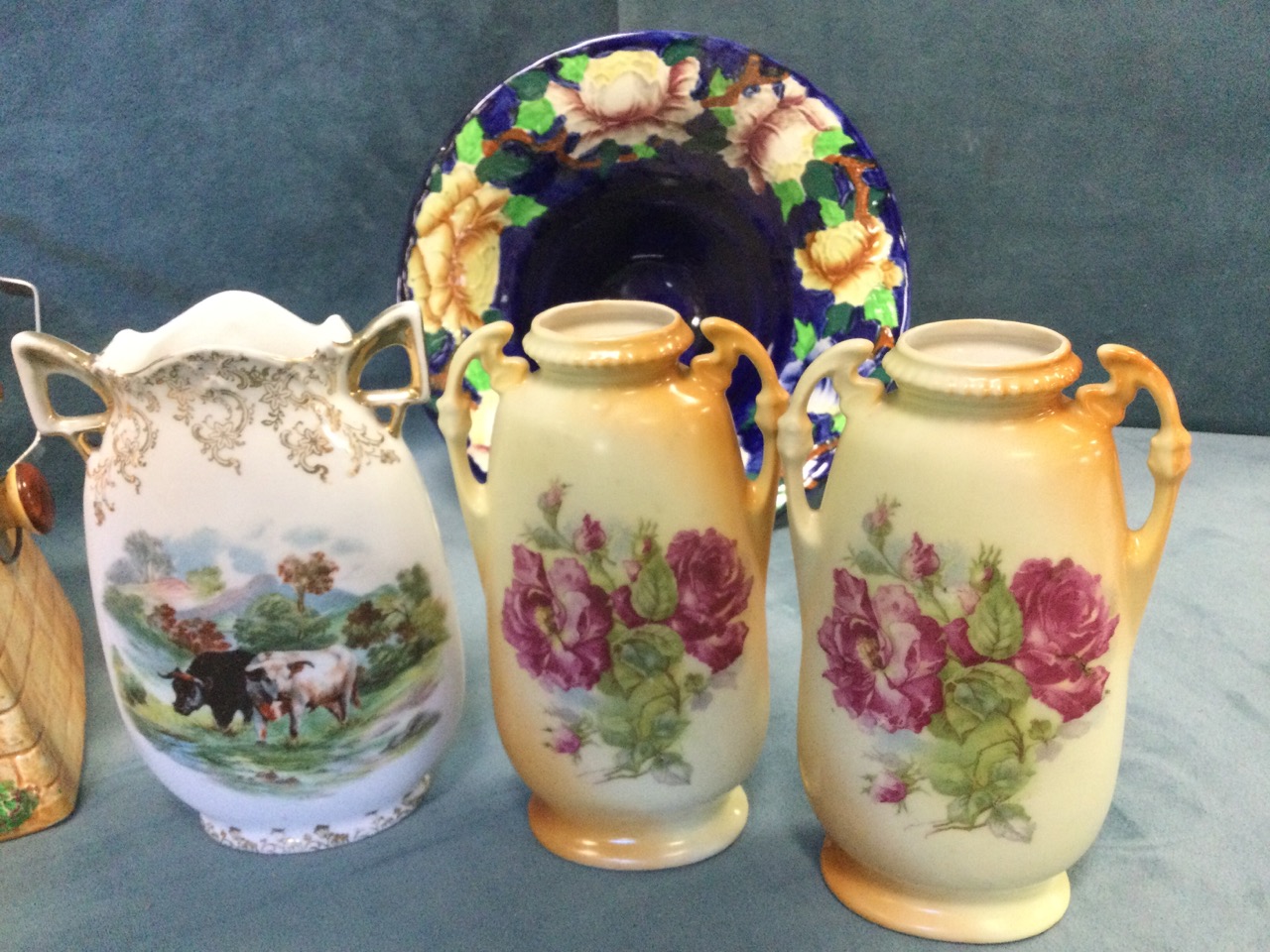 A four-piece Staffordshire cottage teaset with thatched covers; a Maling ribbed peony bowl on - Image 3 of 3
