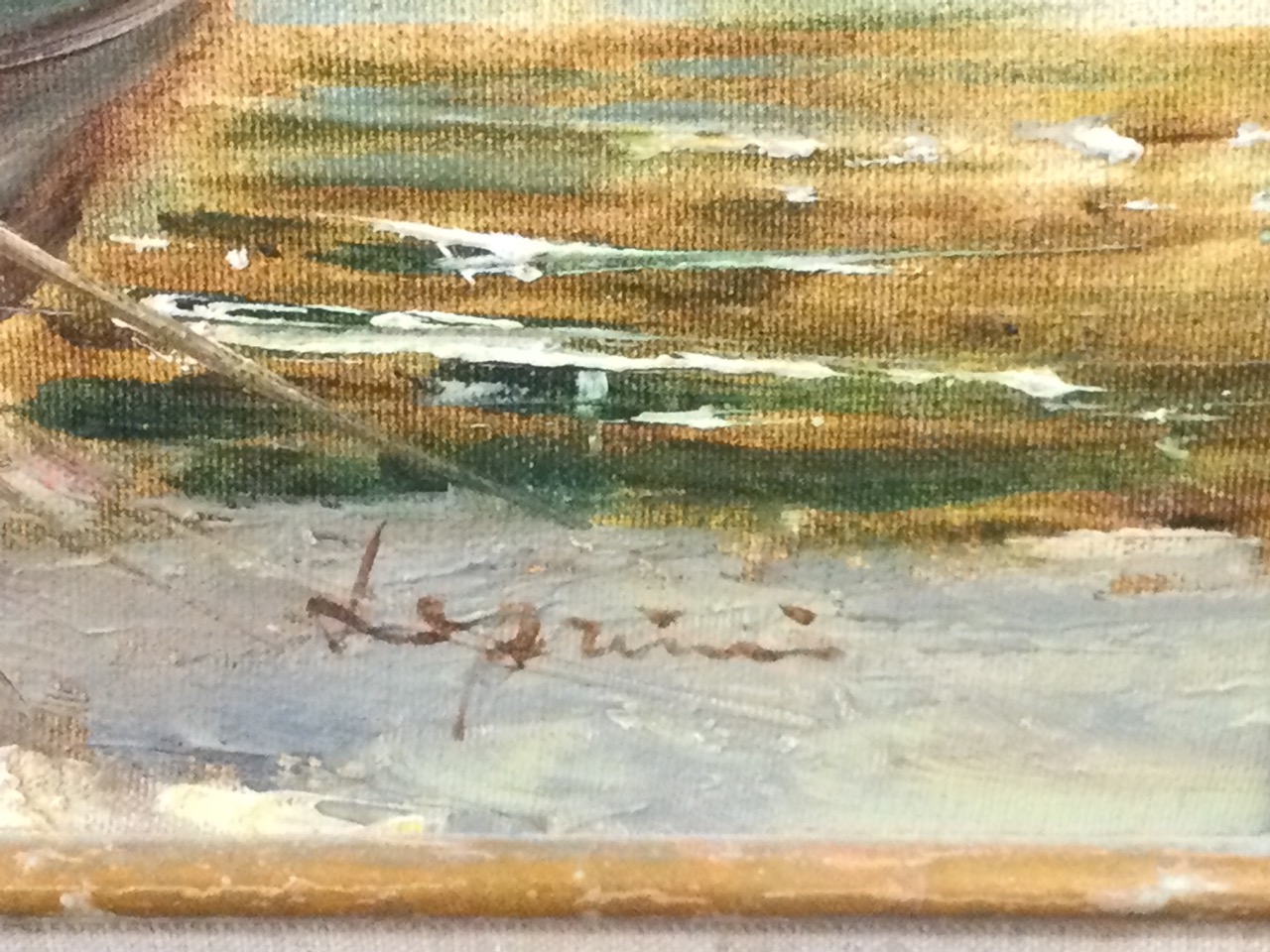 Leprinie?, oil on canvas, coastal view with boats tied up and buildings, signed indistinctly, - Image 3 of 3