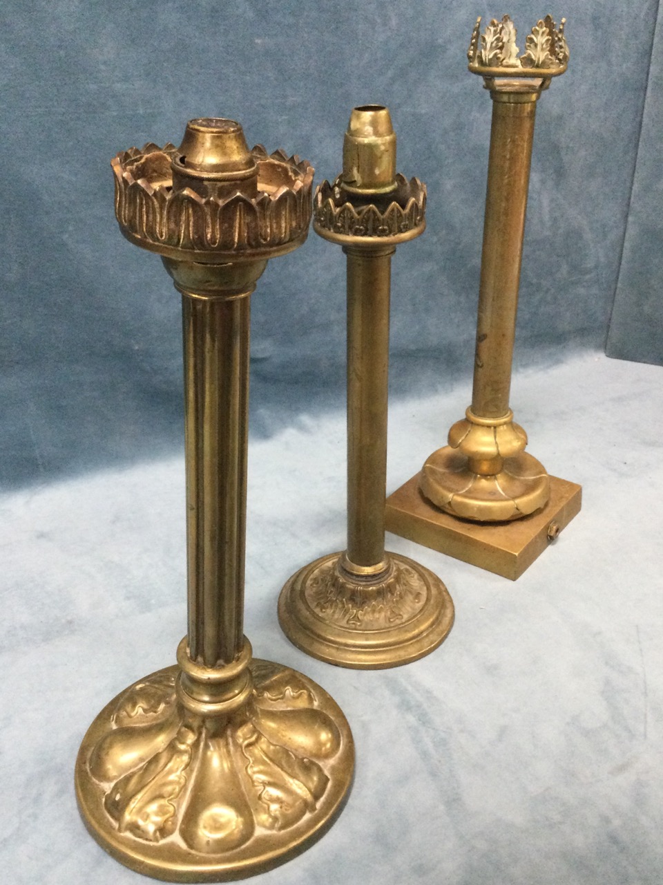 A Victorian brass candlelight with fluted column above a circular leaf cast weighted base, with - Image 3 of 3