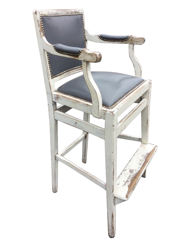 A painted high chair with leather stud upholstered back and seat, the splayed arms with elbow