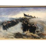 TE Thompson, oil on board, figures bringing boat in from stormy seas, signed & framed. (29.5in x