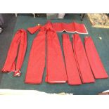 A suite of red damask style lined curtains - 3 @ 66in & 3 @ 45in approx together with shaped