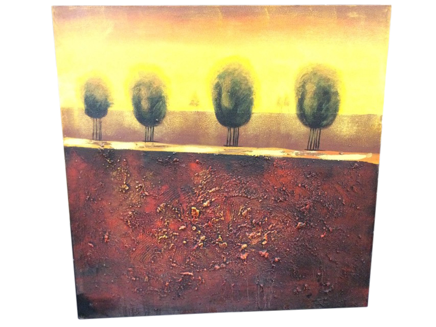 Contemporary square oil on canvas, yellow horizon with trees above maroon relief ground,