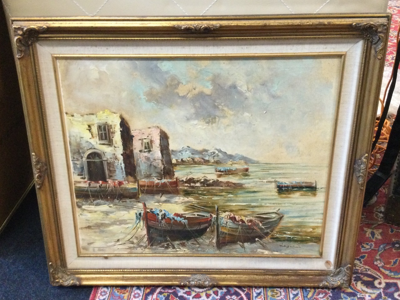 Leprinie?, oil on canvas, coastal view with boats tied up and buildings, signed indistinctly, - Image 2 of 3