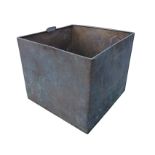 A square copper log bin with tubular rim and two swing handles. (23.25in x 23.25in x 20.5in)