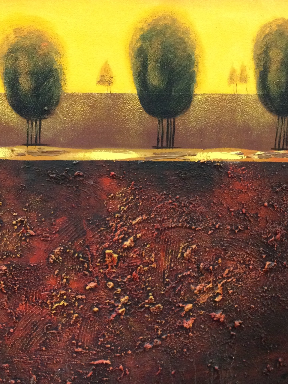 Contemporary square oil on canvas, yellow horizon with trees above maroon relief ground, - Image 2 of 3