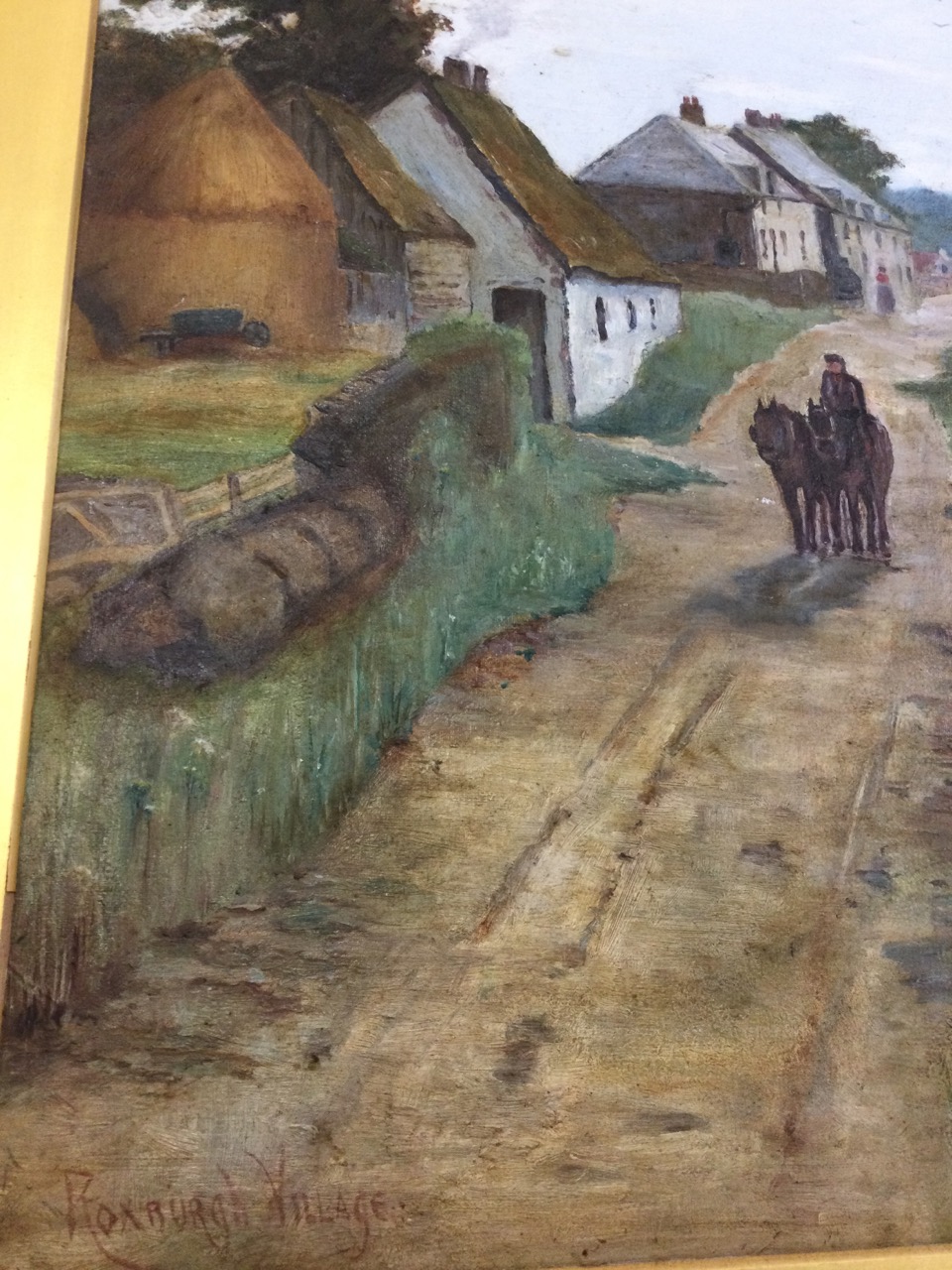 V Russell, oil on board, nineteenth century village street scene with horses and figure, titled - Image 3 of 3