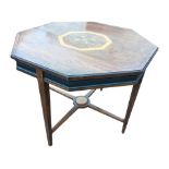 A late Victorian octagonal rosewood centre table inlaid with foliate marquetry medallion with