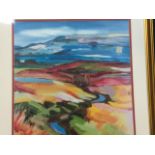 Judith I Bridgland, colourful square landscape, signed in print, titled to verso Burn Flowing from