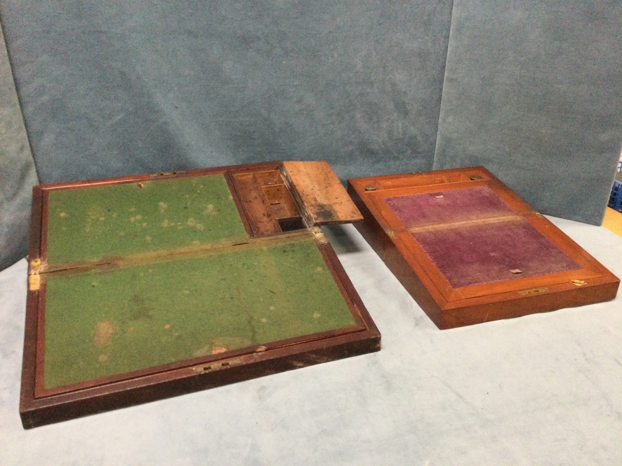 A Victorian mahogany writing box with velvet lined slope, pen tray, two glass inkwells and stamp - Image 2 of 3