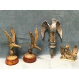 A chrome eagle car mascot; a pair of brass eagle type birds mounted on circular hardwood plinths;