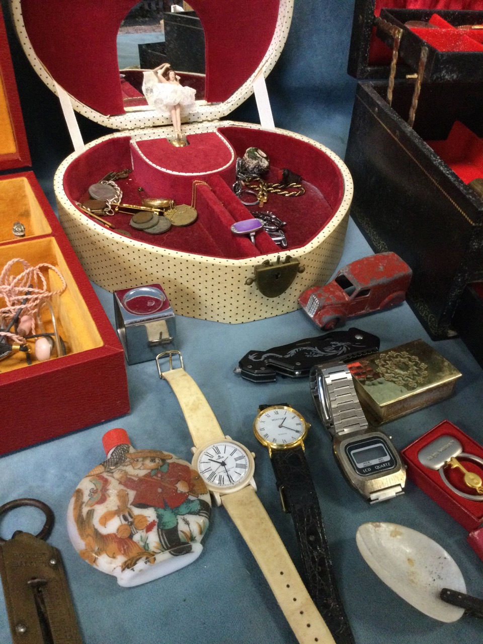 Three jewellery boxes containing miscellaneous items - coins, gilt chains, ornaments, rings, a Dinky - Image 2 of 3