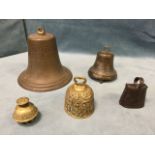 Five miscellaneous bells - bronze dated 1855, eastern brass, religious, HMS Ark Royal, and cowbell