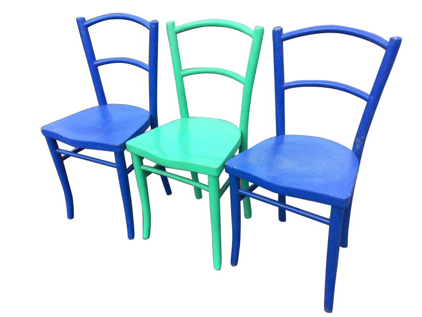 A set of three painted bentwood chairs with bar backs and shaped scrolled press moulded seats,