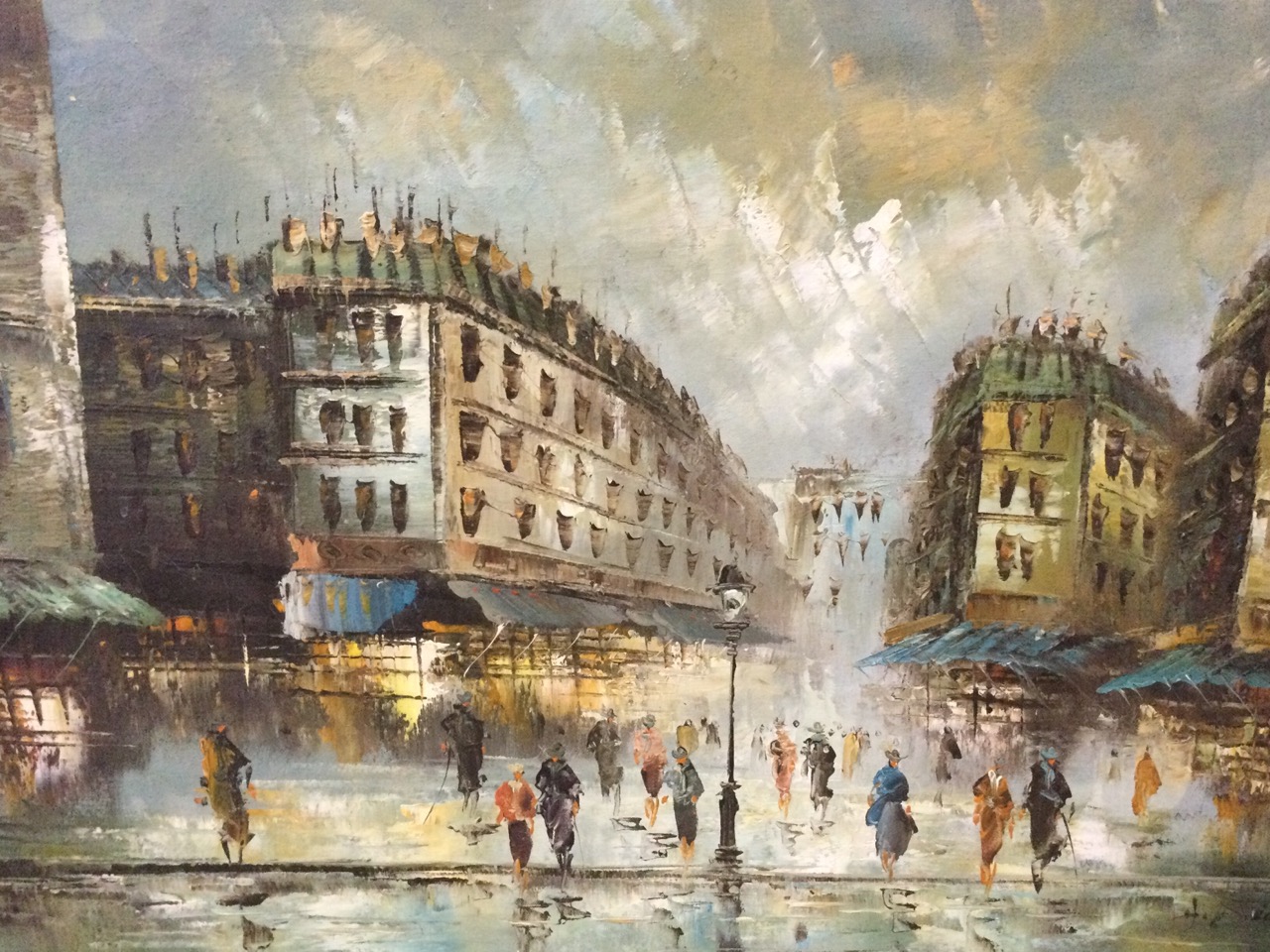 J Sick?, oil on canvas, busy French street scene with figures centred by streetlamp, signed - Image 3 of 3