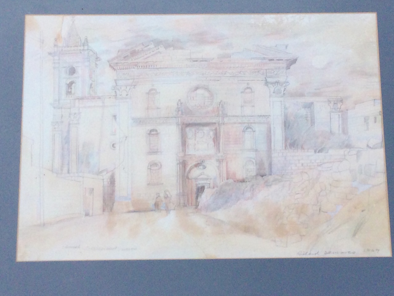 Richard Demarco, pencil & watercolours, architectural building scene with figures, titled Church