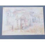 Richard Demarco, pencil & watercolours, architectural building scene with figures, titled Church