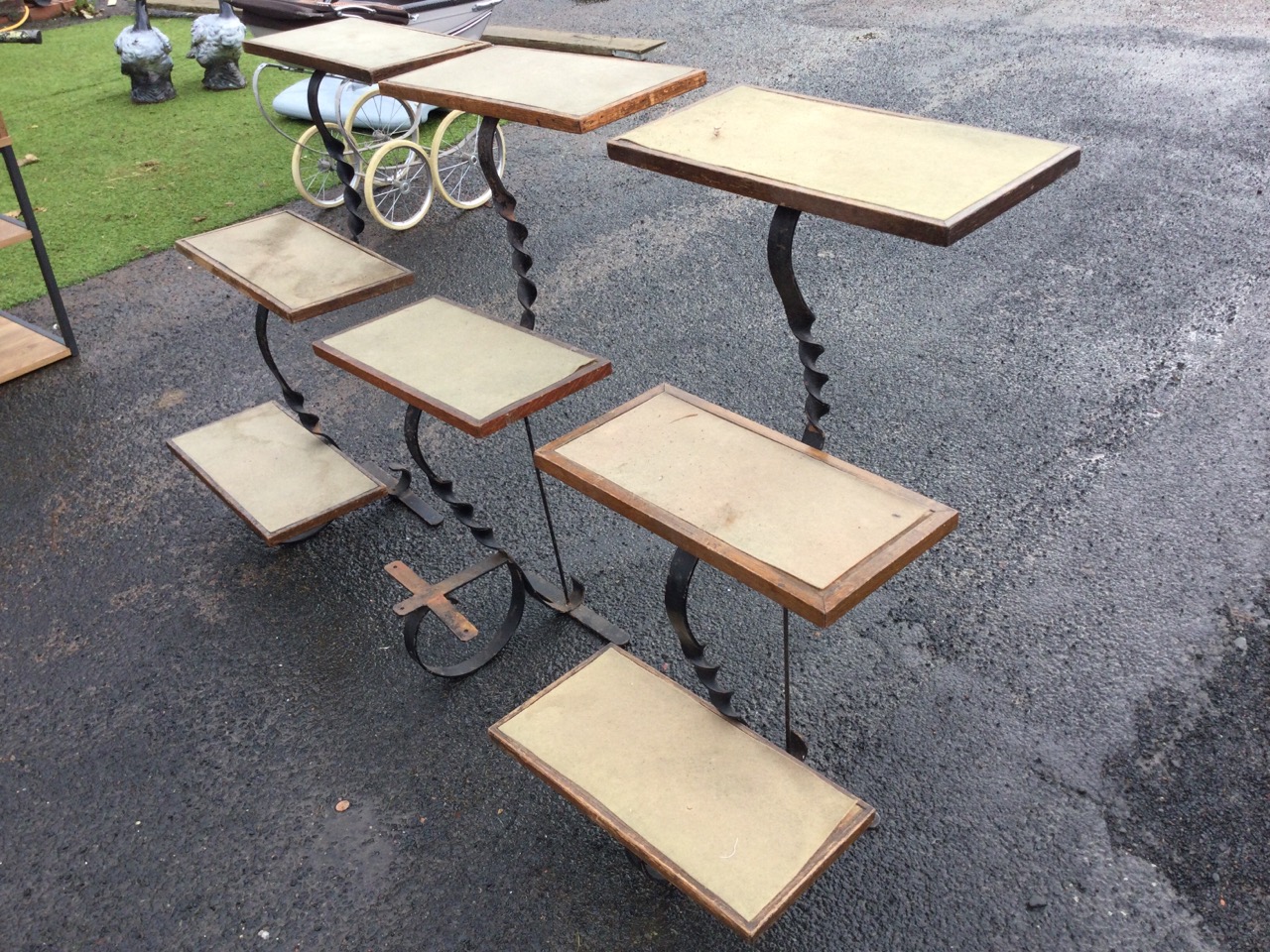 A set of three wrought iron display stands with graduated rectangular oak framed felt lined - Image 3 of 3