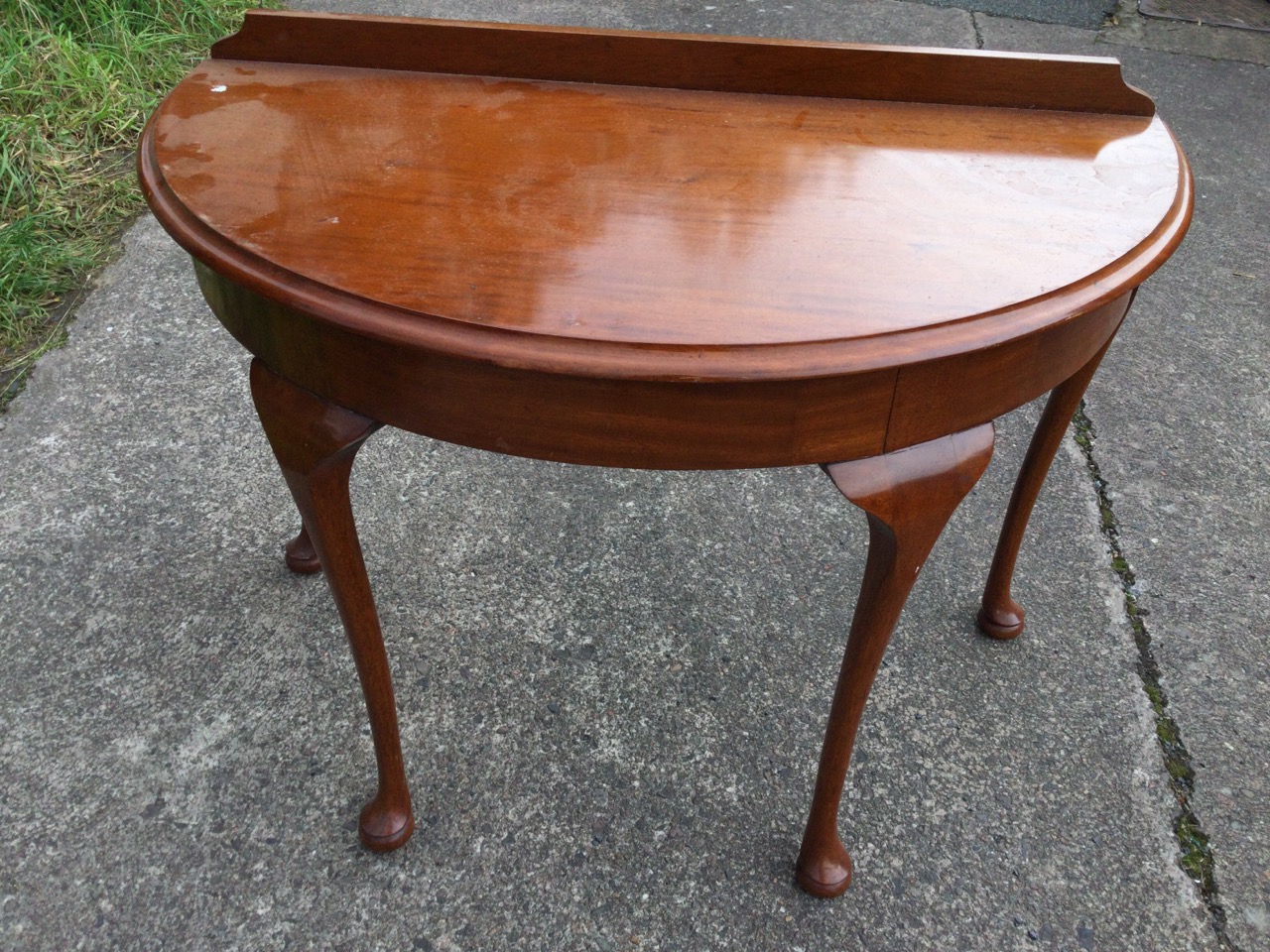 A D-shaped mahogany side table with moulded top above a plain apron, raised on cabriole legs with - Image 3 of 3