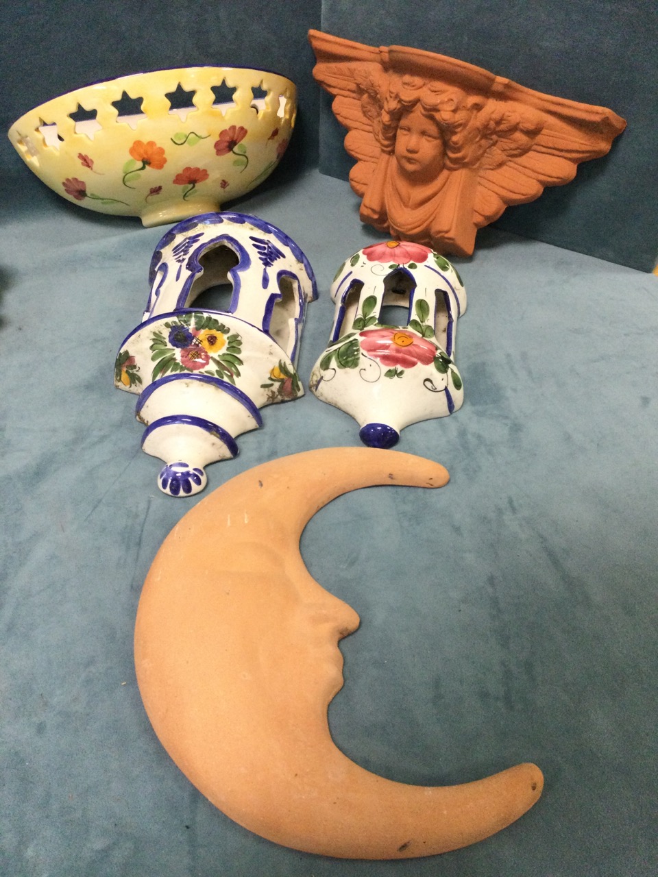 Miscellaneous garden ceramics - a pair of stoneware lady wall-pocket vases, a terracotta angel - Image 3 of 3