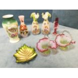 Miscellaneous coloured & handpainted glass including a pair of lustre basket pots with twisted