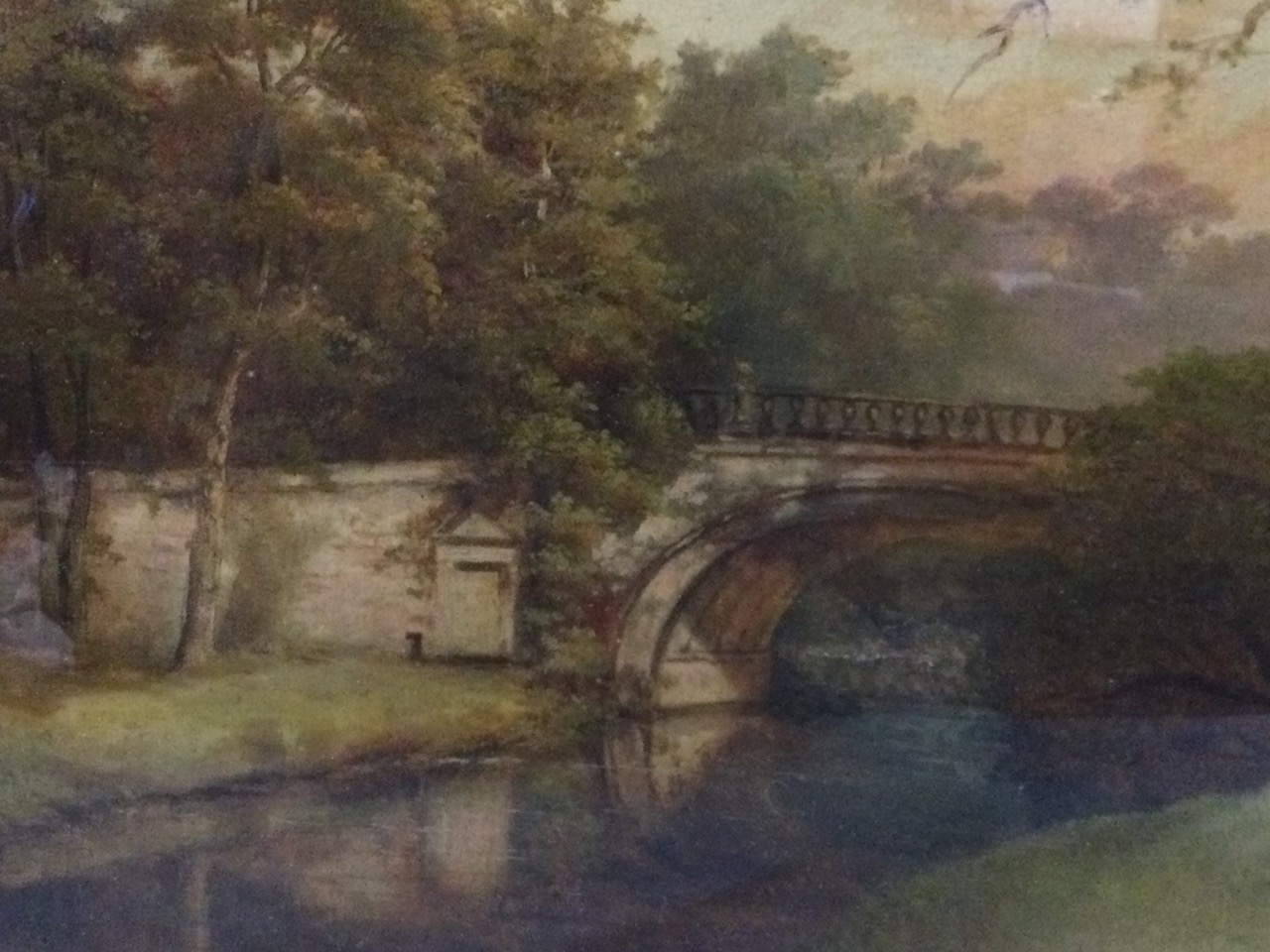 Nineteenth century English school, oil on canvas, balustraded stone bridge over river with trees, - Image 3 of 3