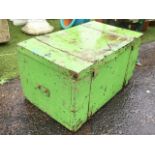 A painted hardwood trunk with iron mounts having handles to ends. (30.25in x 18in x 15.5in)