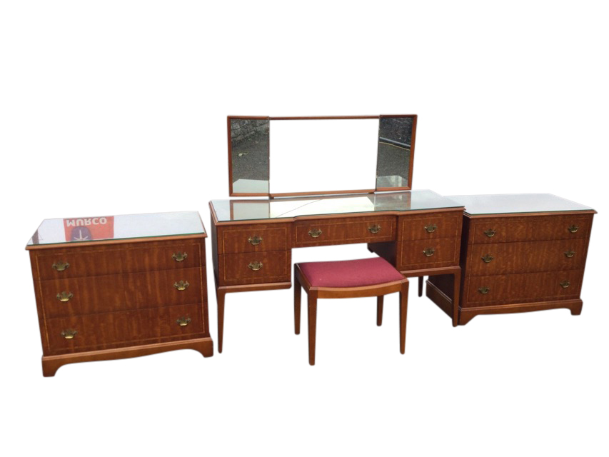 A mahogany bedroom suite with plate glass tops and satinwood crossbanded decoration, the pair of
